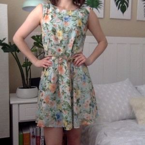 Vintage Floral Dress, Open Back, with Belt